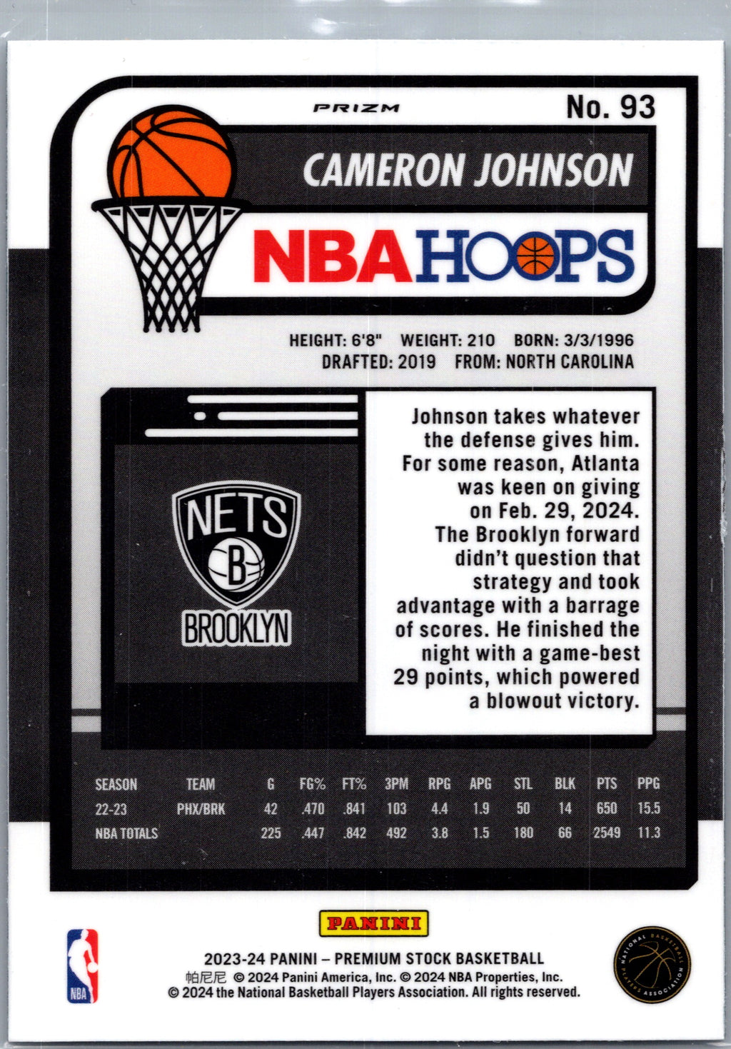 2024 Panini NBA Hoops Premium Stock Cameron Johnson #93 Silver