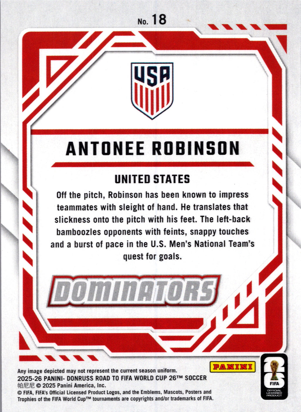 2025 Panini Donruss Road to FIFA World Cup Dominators Antonee Robinson #18 Red
