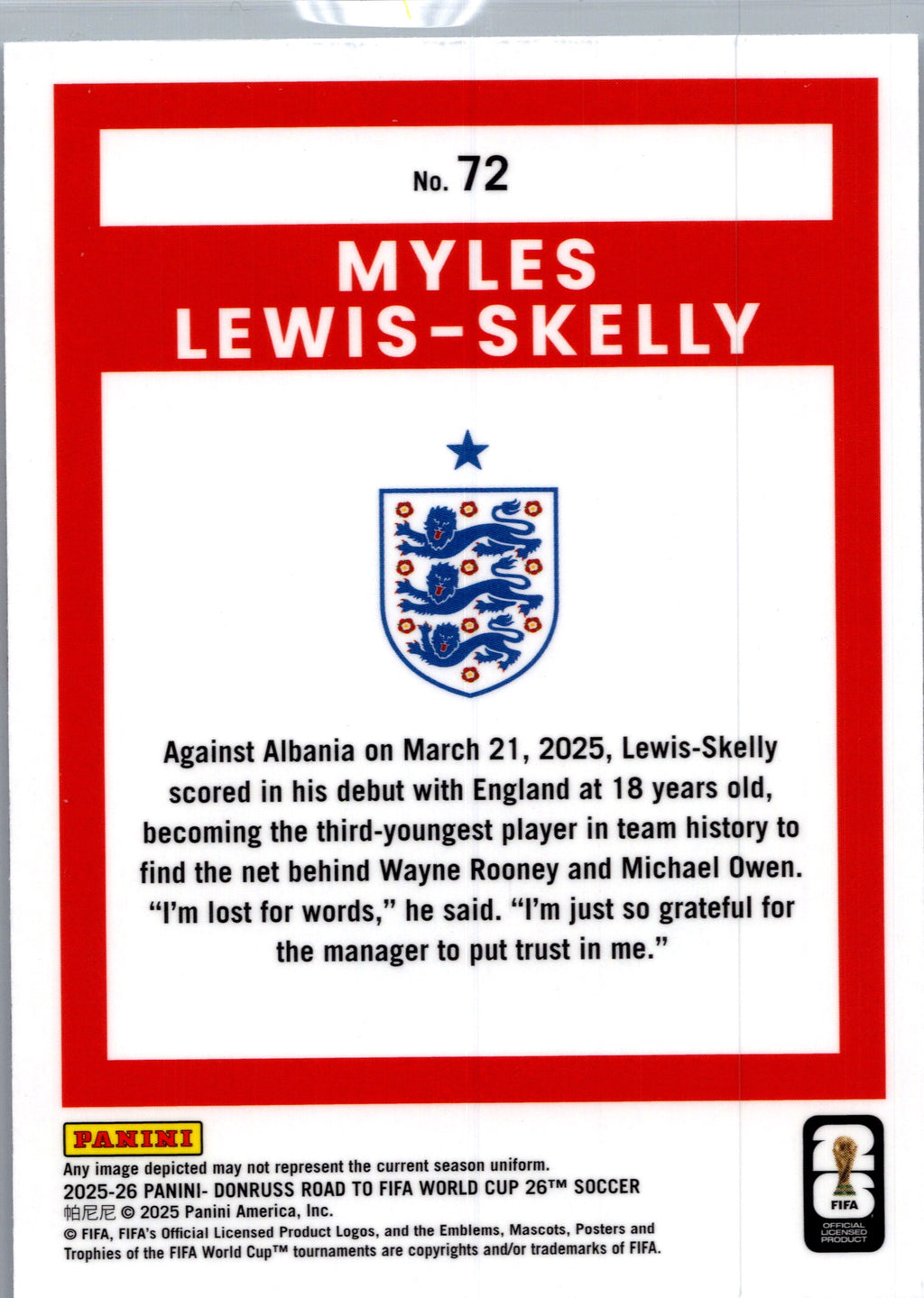2025 Panini Donruss Optic Road to FIFA World Cup 26 Myles Lewis-Skelly #72 Red
