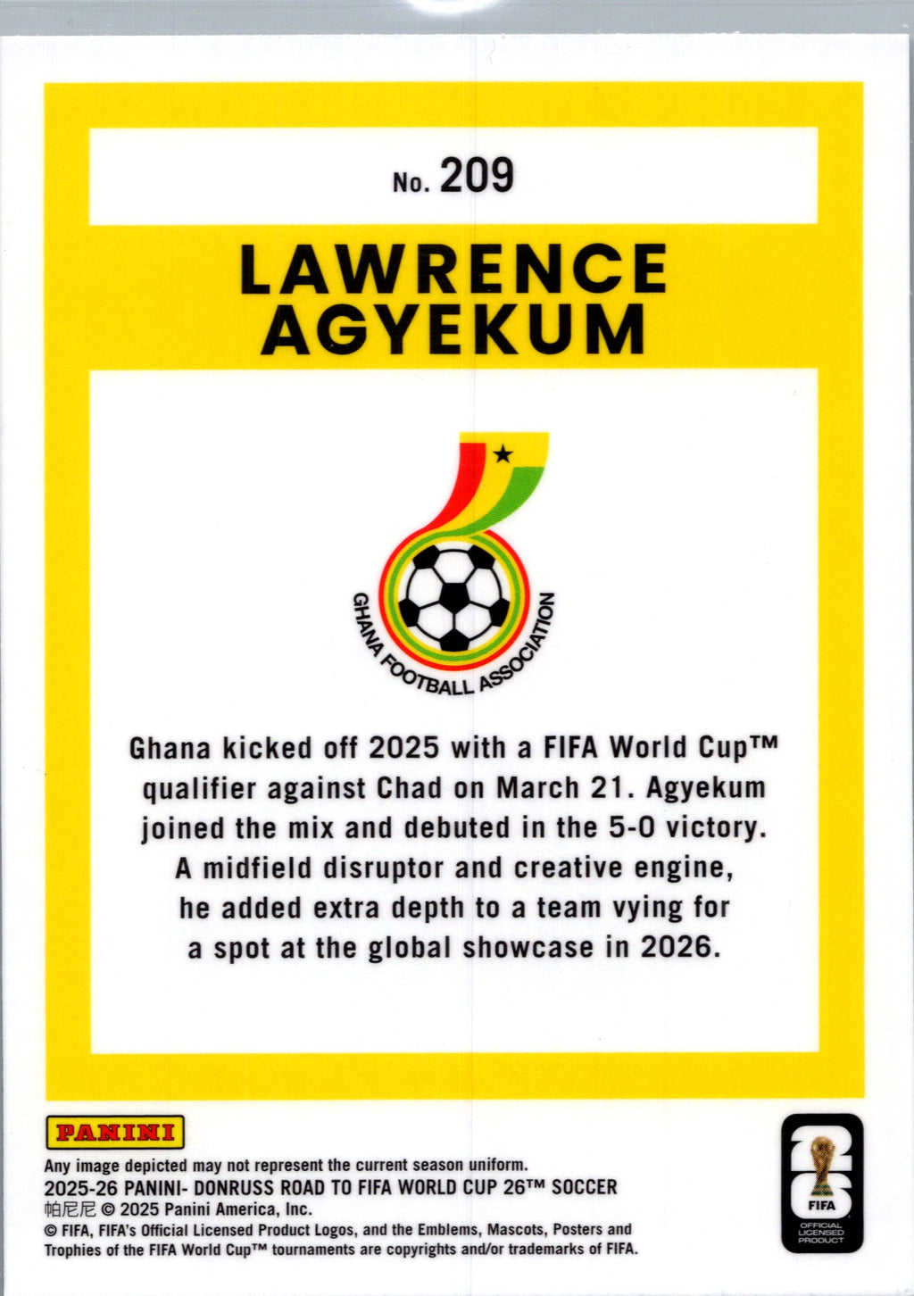 2025 Panini Donruss Optic Road to FIFA World Cup Lawrence Agyekum #209 Yellow