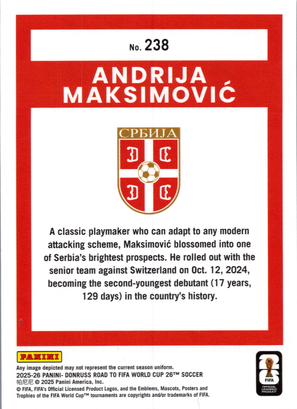 2025 Panini Donruss Road to FIFA World Cup 26 Andrija Maksimović #238 Cubic