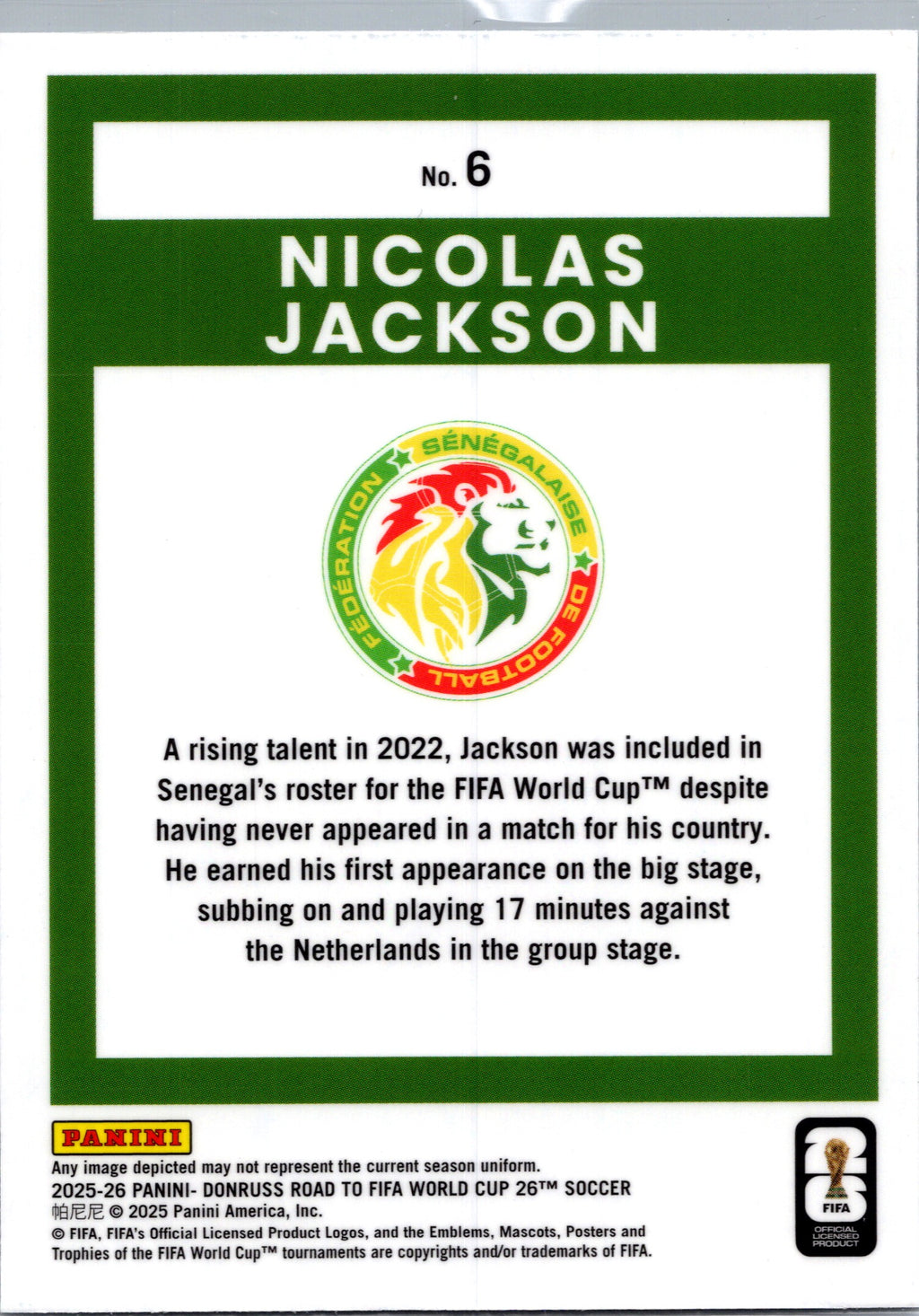 2025 Panini Donruss Road to FIFA World Cup 26 Optic Nicolas Jackson #6 Green