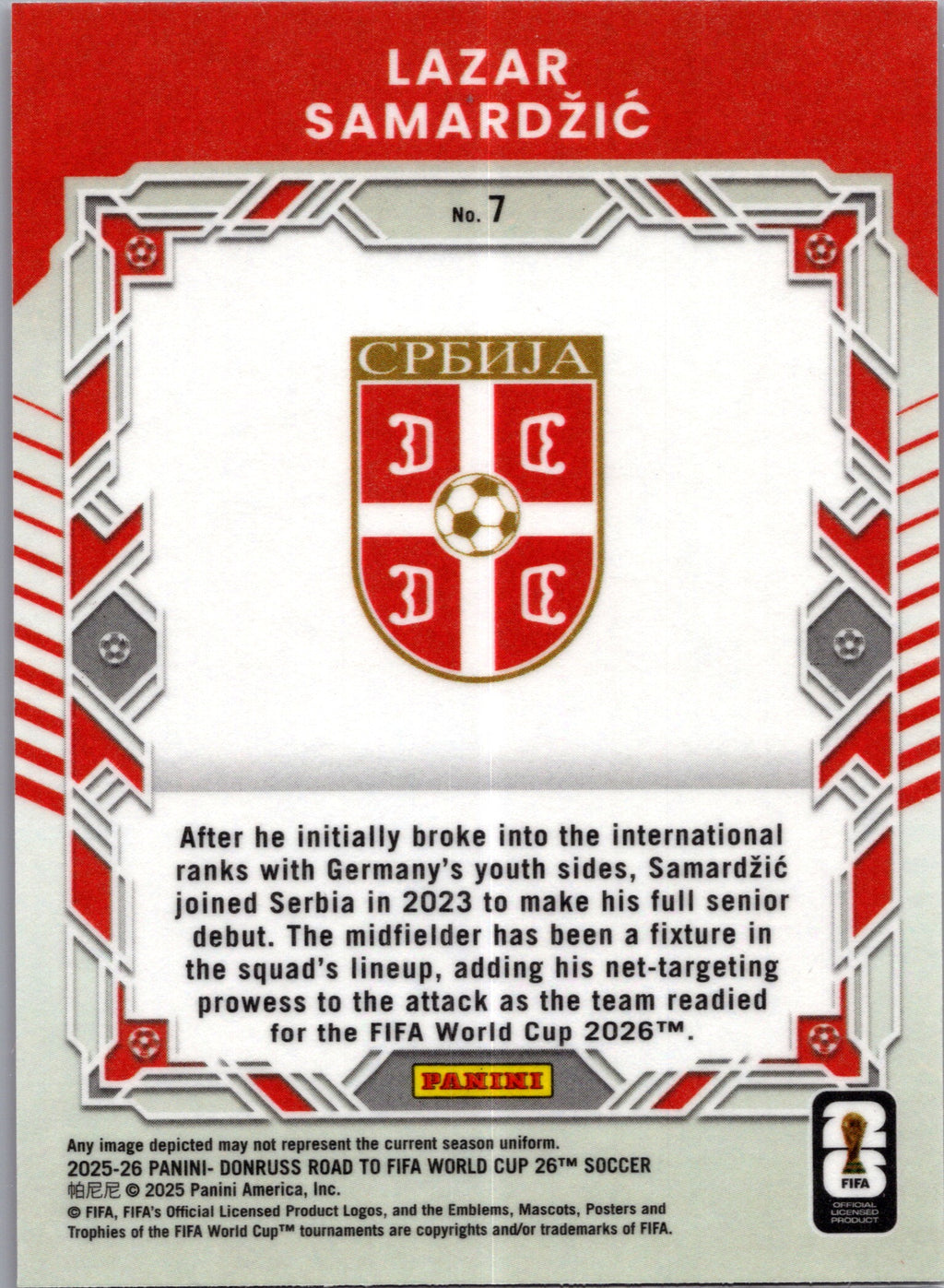 2025 Panini Donruss Road to FIFA World Cup Elite Series Lazar Samardžić #7 Red