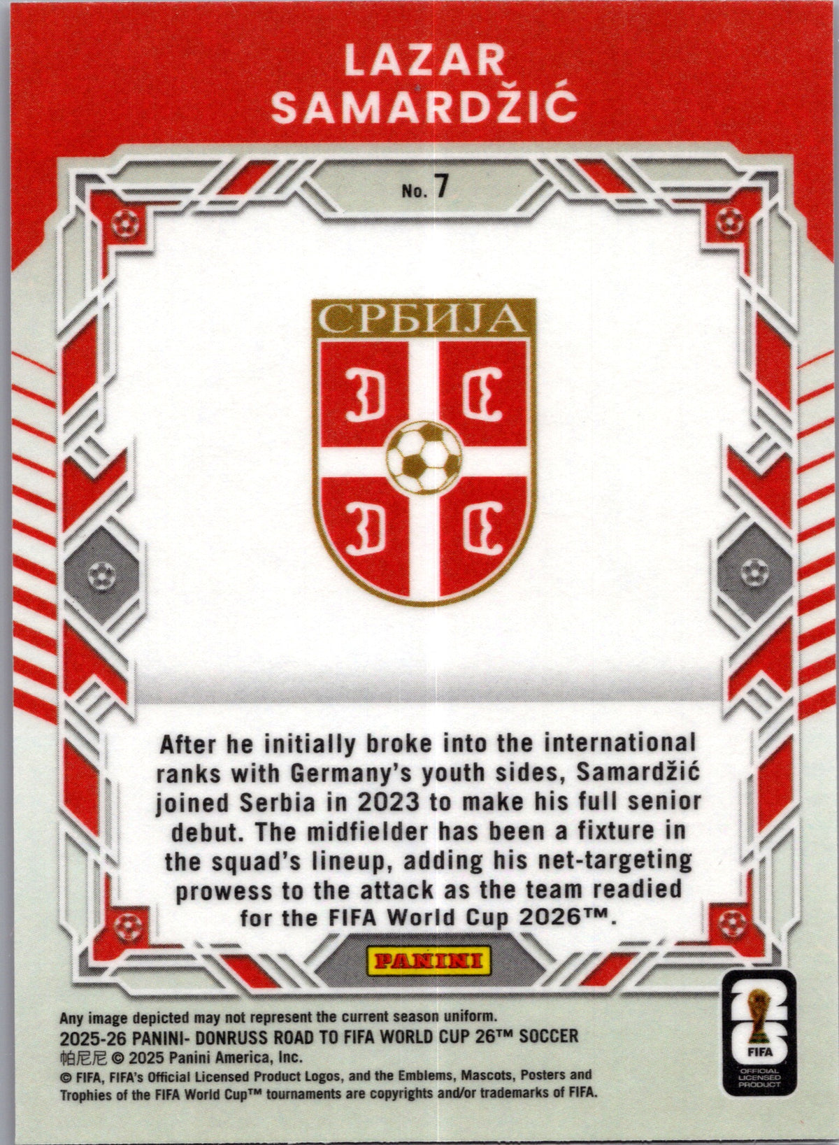 2025 Panini Donruss Road to FIFA World Cup Elite Series Lazar Samardžić #7 Red