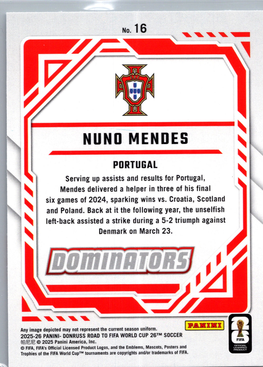 2025 Panini Donruss Road to FIFA World Cup Nuno Mendes #16