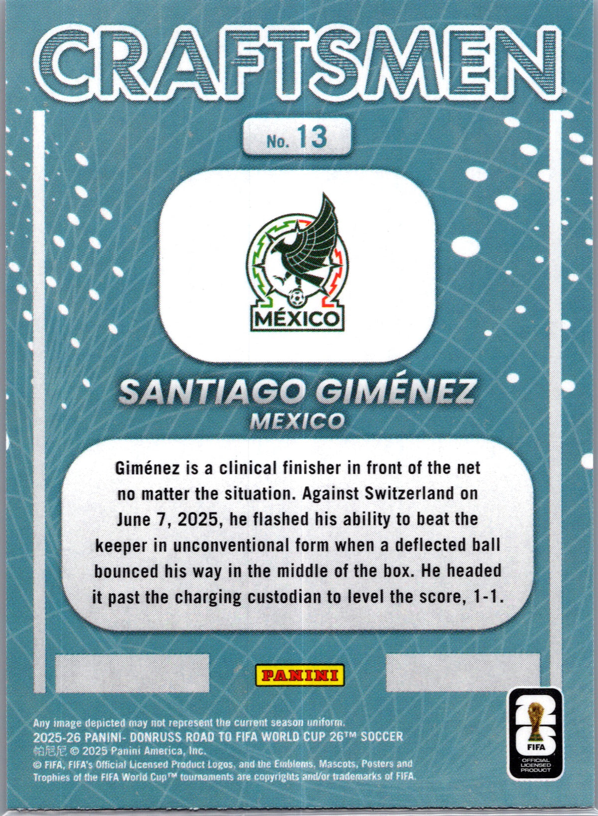 2025 Panini Donruss Road to FIFA World Cup Craftsmen Santiago Giménez #13