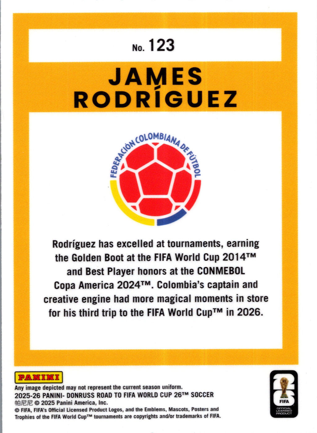 2025 Donruss Road to FIFA World Cup 26 Donruss Optic James Rodríguez #123 Gold