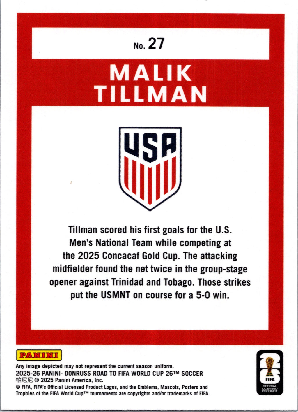 2025 Panini Donruss Road to FIFA World Cup 26 Malik Tillman #27 Cubic