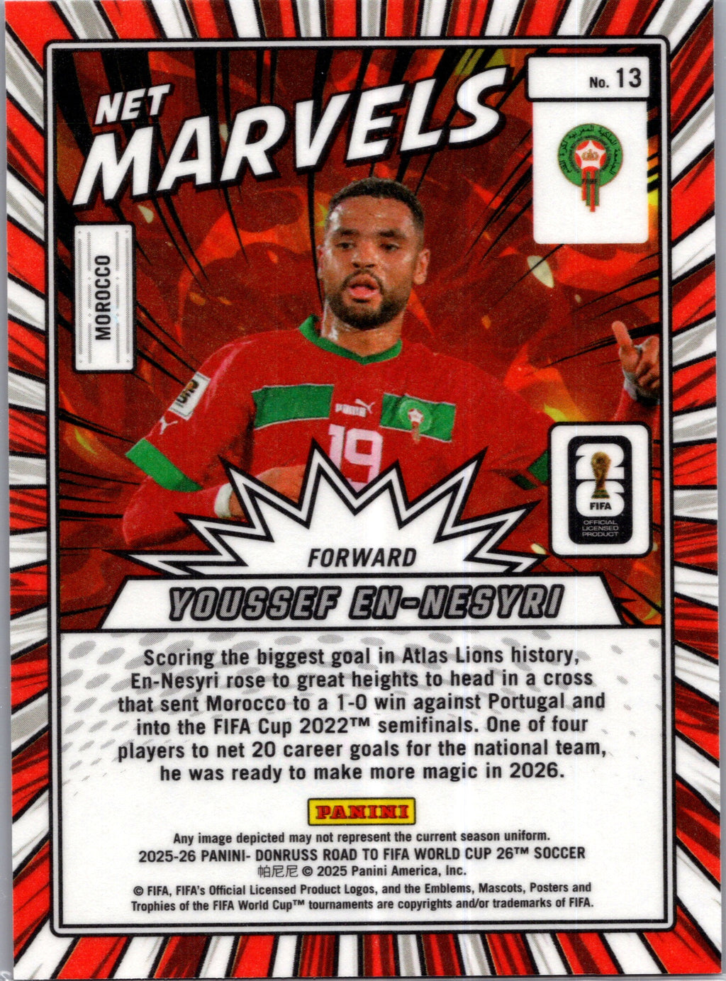 2025  Donruss Road to FIFA World Cup Net Marvels Youssef En-Nesyri #13 Red Foil