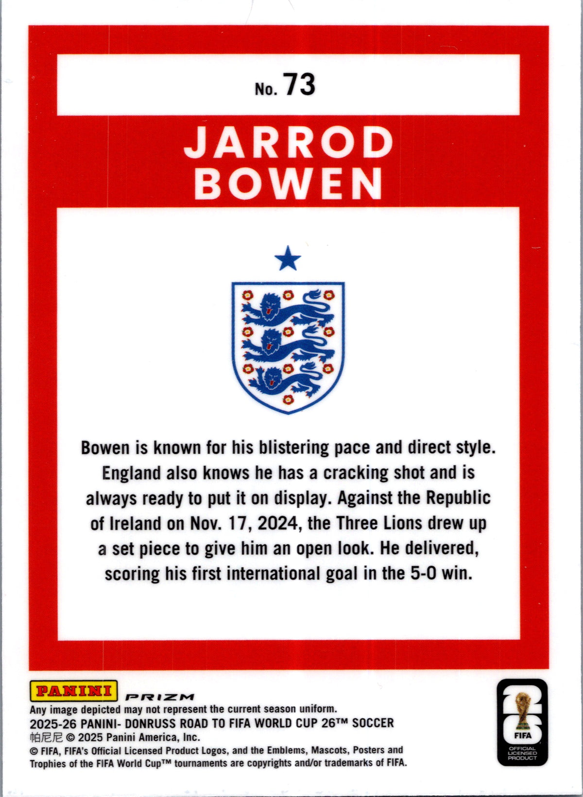 2025 Panini Donruss Optic Road to FIFA World Cup 26 Jarrod Bowen #73 Velocity