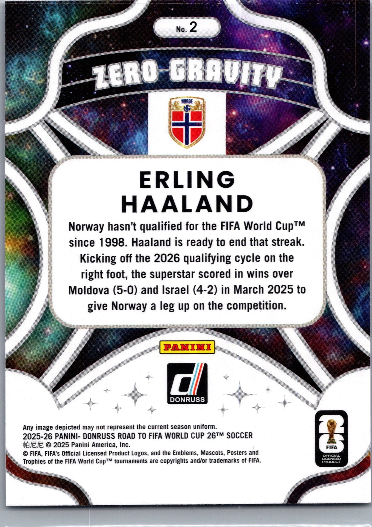 2025 Donruss Road to FIFA World Cup Zero Gravity Erling Haaland #2 Bronze Foil