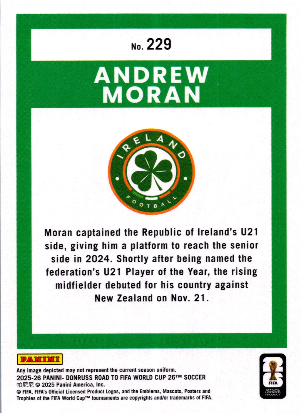 2025 Donruss Soccer Road to FIFA World Cup 2026 Andrew Moran #229 Bronze Foil