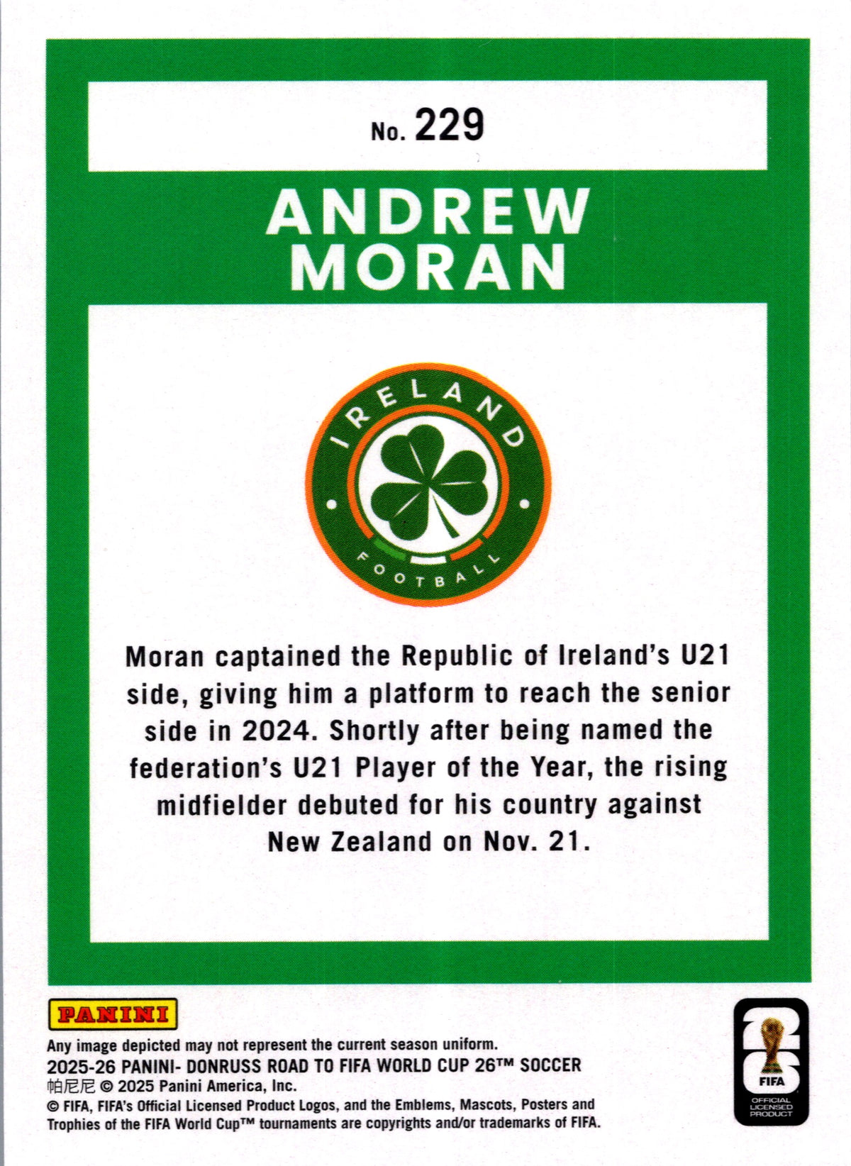 2025 Donruss Soccer Road to FIFA World Cup 2026 Andrew Moran #229 Bronze Foil