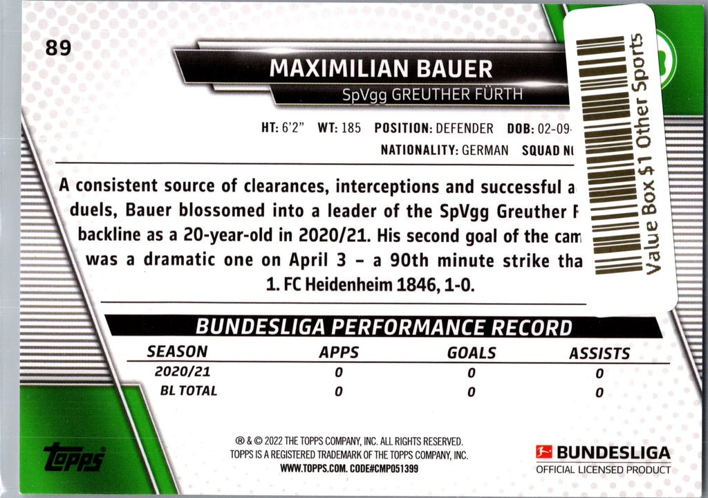 2022 Topps Bundesliga Maximilian Bauer #89 RC