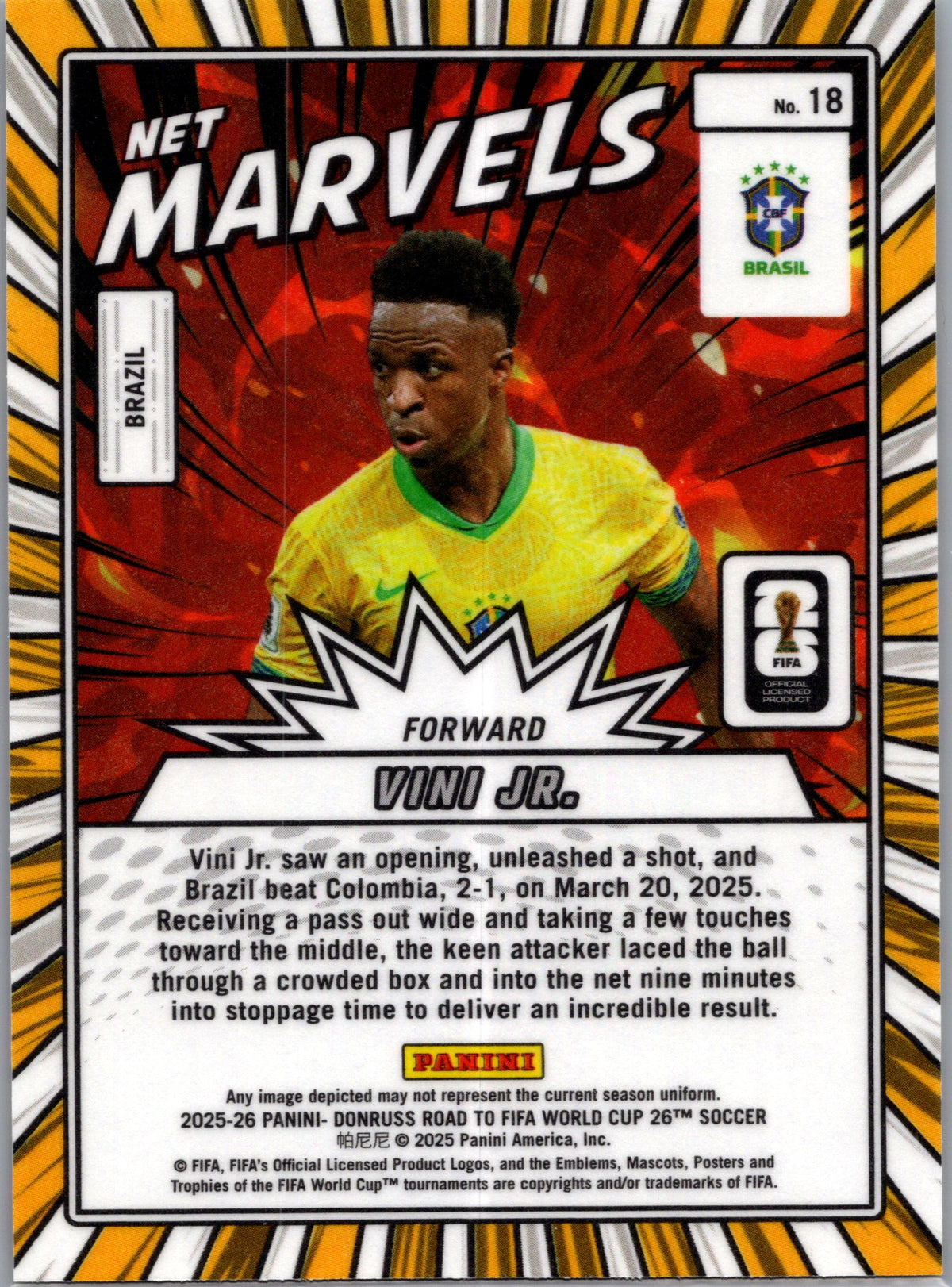 2025 Panini Donruss Road to FIFA World Cup Net Marvels Vini Jr. Vinicius Junior #18 Red Foil