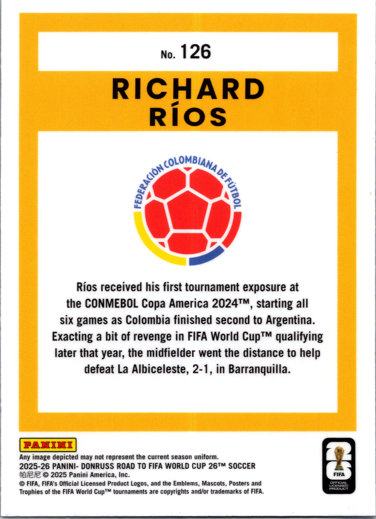 2025 Panini Donruss Road to FIFA World Cup 26 Richard Ríos #126 Optic Gold