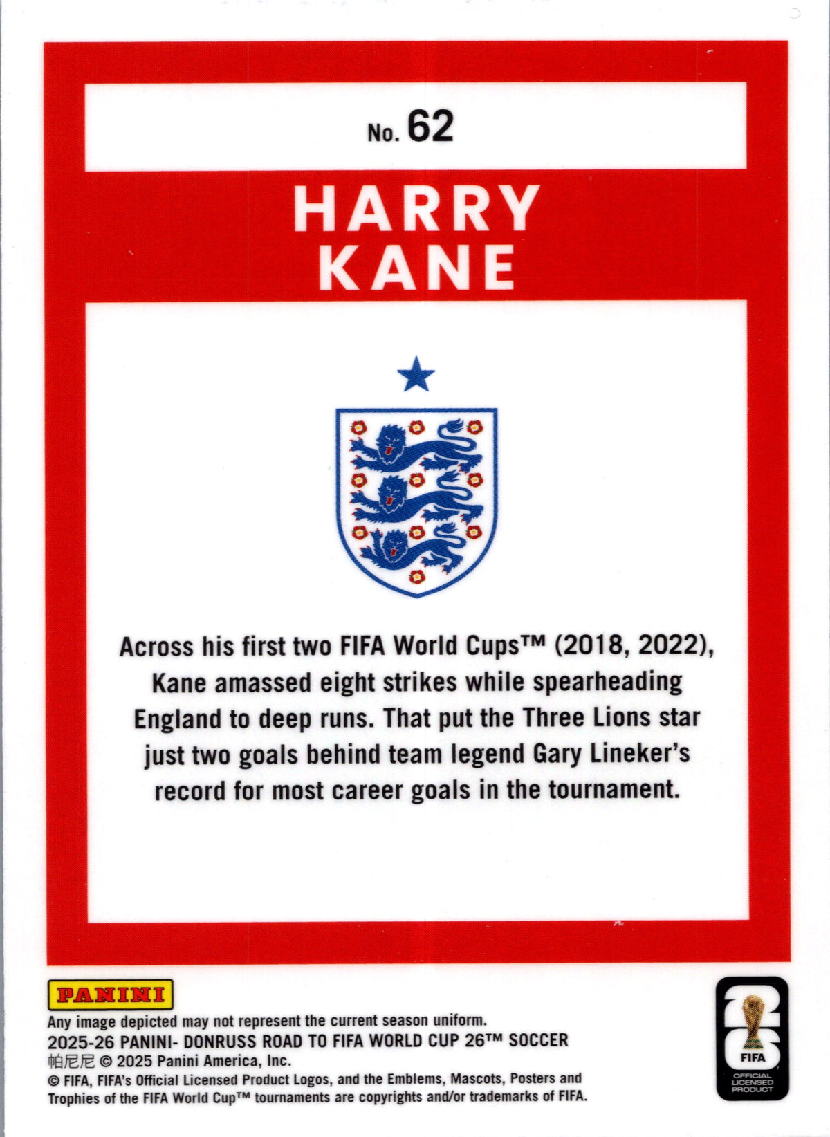 2025 Panini Donruss Road to FIFA World Cup 26 Soccer Harry Kane #62 Optic