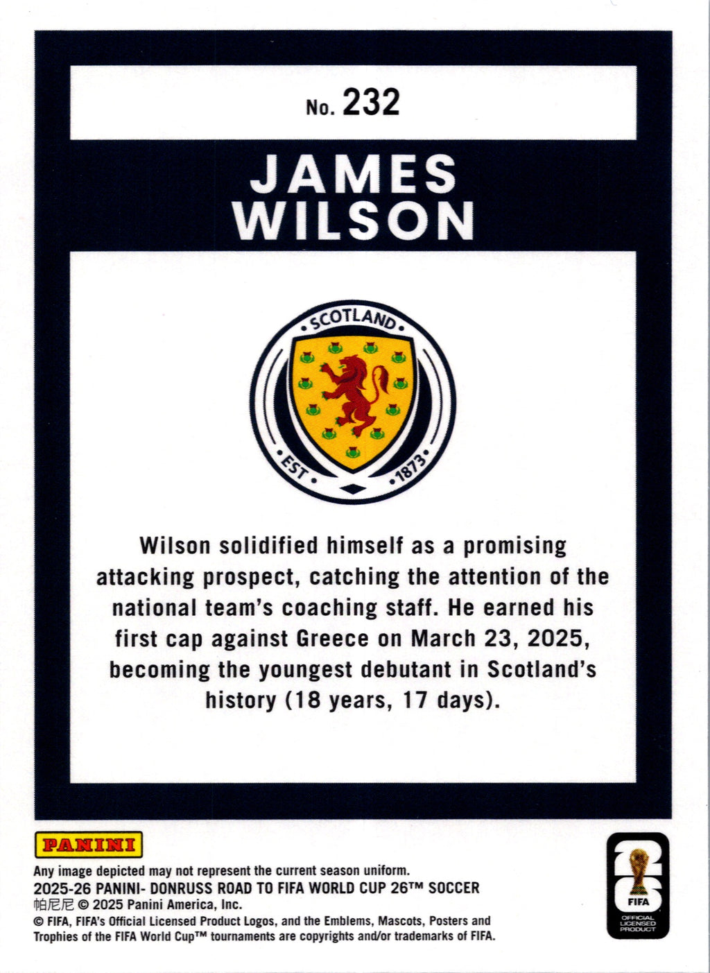2025 Panini Donruss Road to FIFA World Cup 26 James Wilson #232