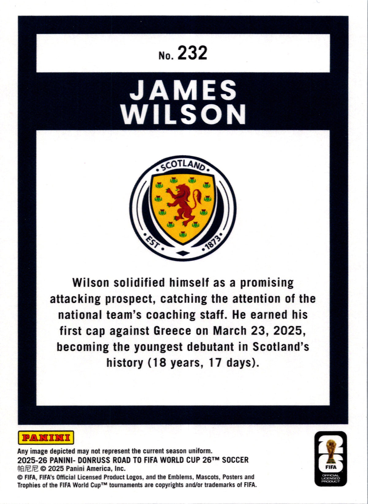 2025 Panini Donruss Road to FIFA World Cup 26 James Wilson #232