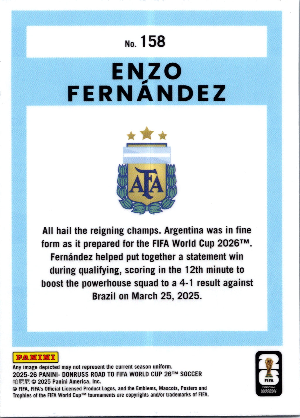 2025 Panini Donruss Optic Road to FIFA World Cup 26 Enzo Fernández #158