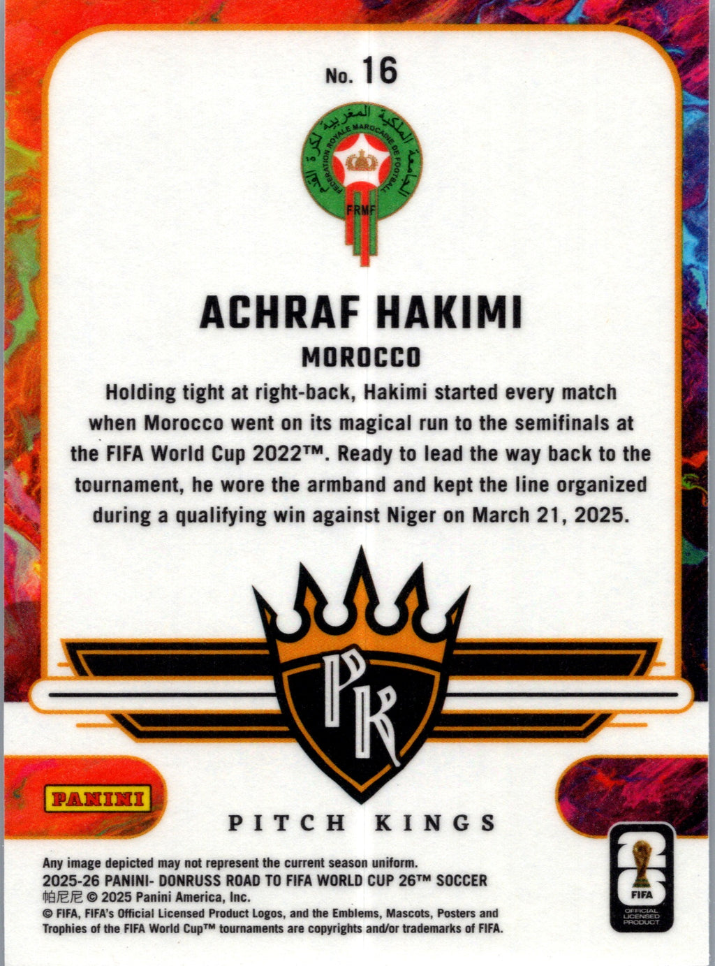 2025 Panini Donruss Road to FIFA World Cup Pitch Kings Achraf Hakimi #16