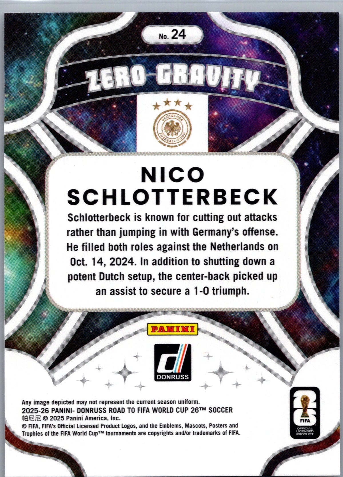 2025 Panini Donruss Road to FIFA World Cup Zero Gravity Nico Schlotterbeck #24