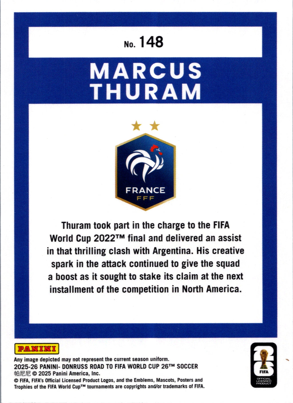 2025 Donruss Road to FIFA World Cup 26 Soccer Marcus Thuram #148 Blue /399