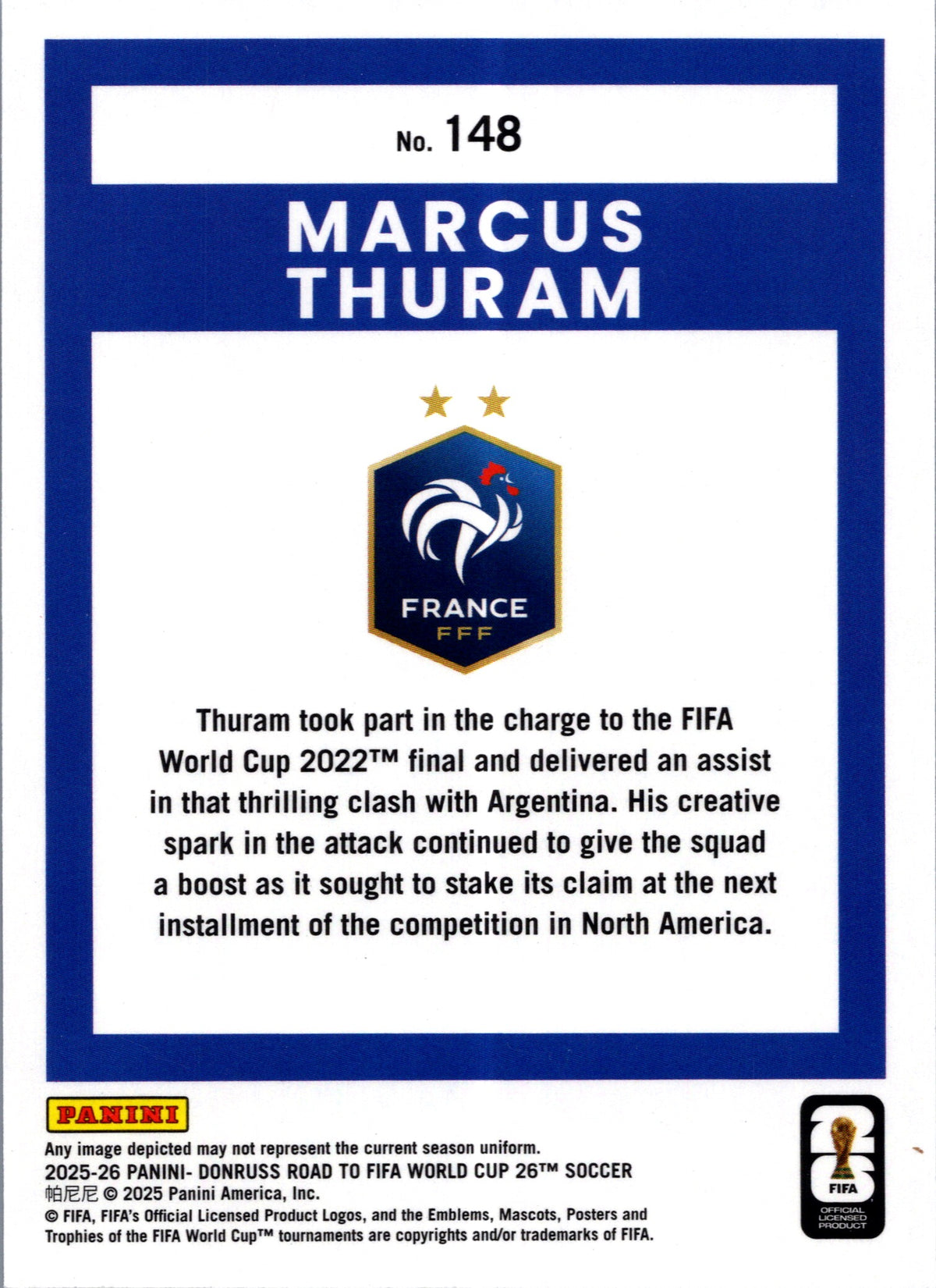 2025 Donruss Road to FIFA World Cup 26 Soccer Marcus Thuram #148 Blue /399