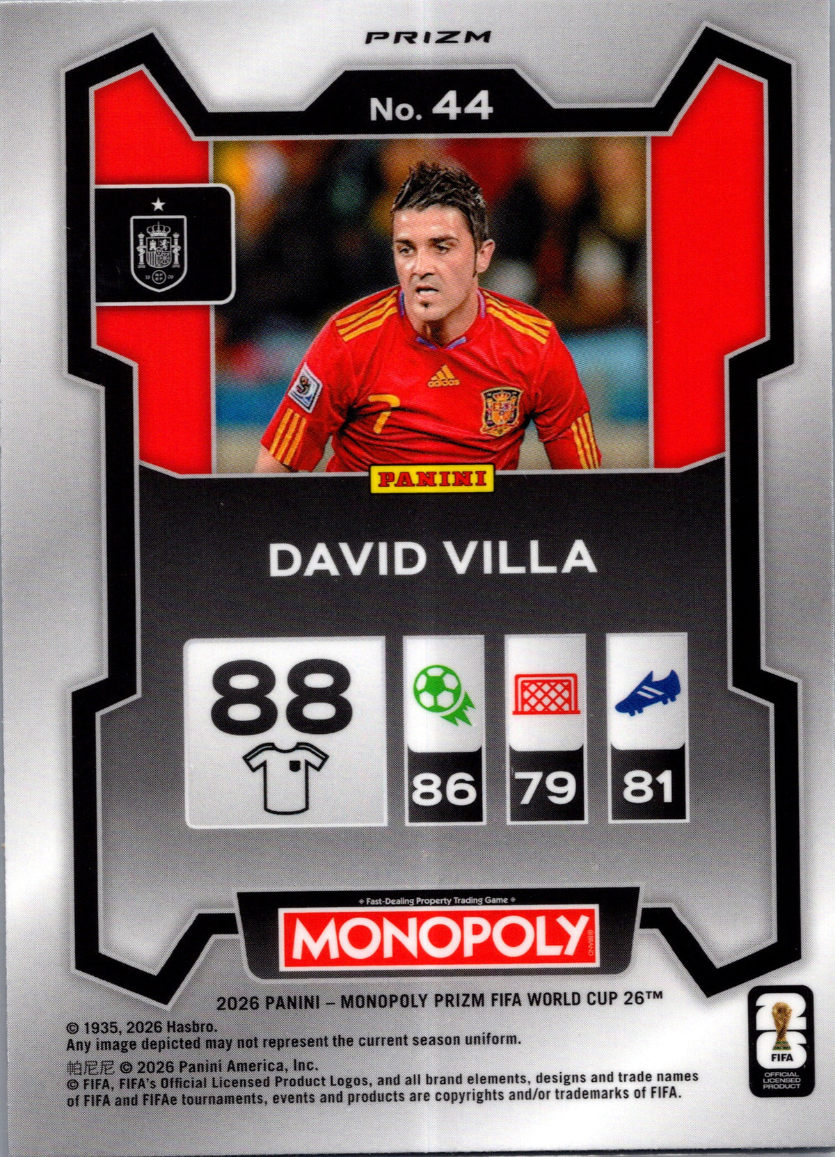 2026 Panini Monopoly Prizm FIFA World Cup 26 David Villa #44 Blue Boardwalk