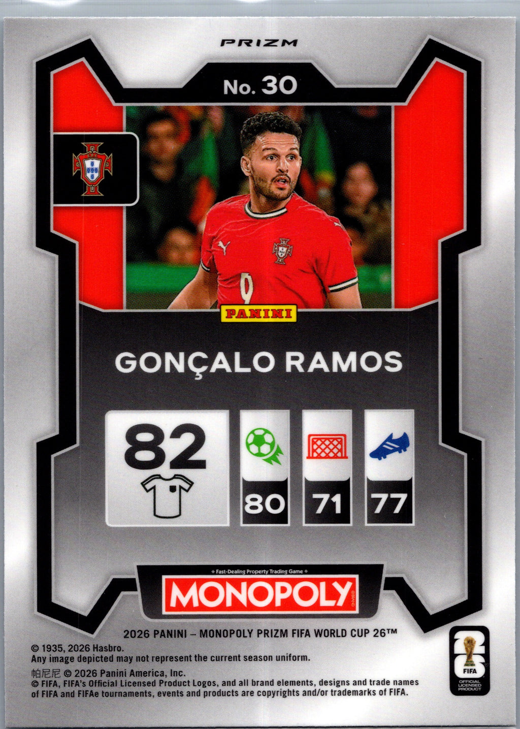2026 Panini Monopoly Prizm FIFA World Cup 26 Gonçalo Ramos #30 Blue Boardwalk
