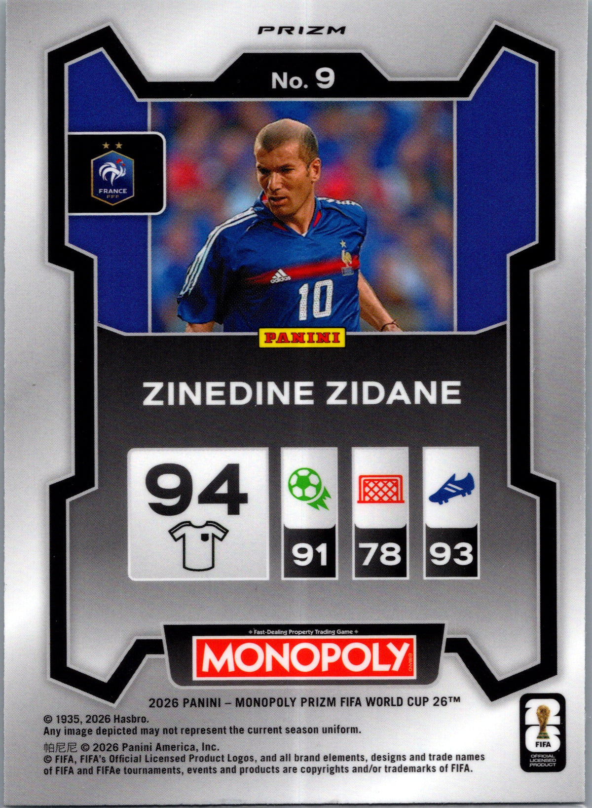 2026 Panini Monopoly Prizm FIFA World Cup 26 Zinedine Zidane #9 Green Boardwalk