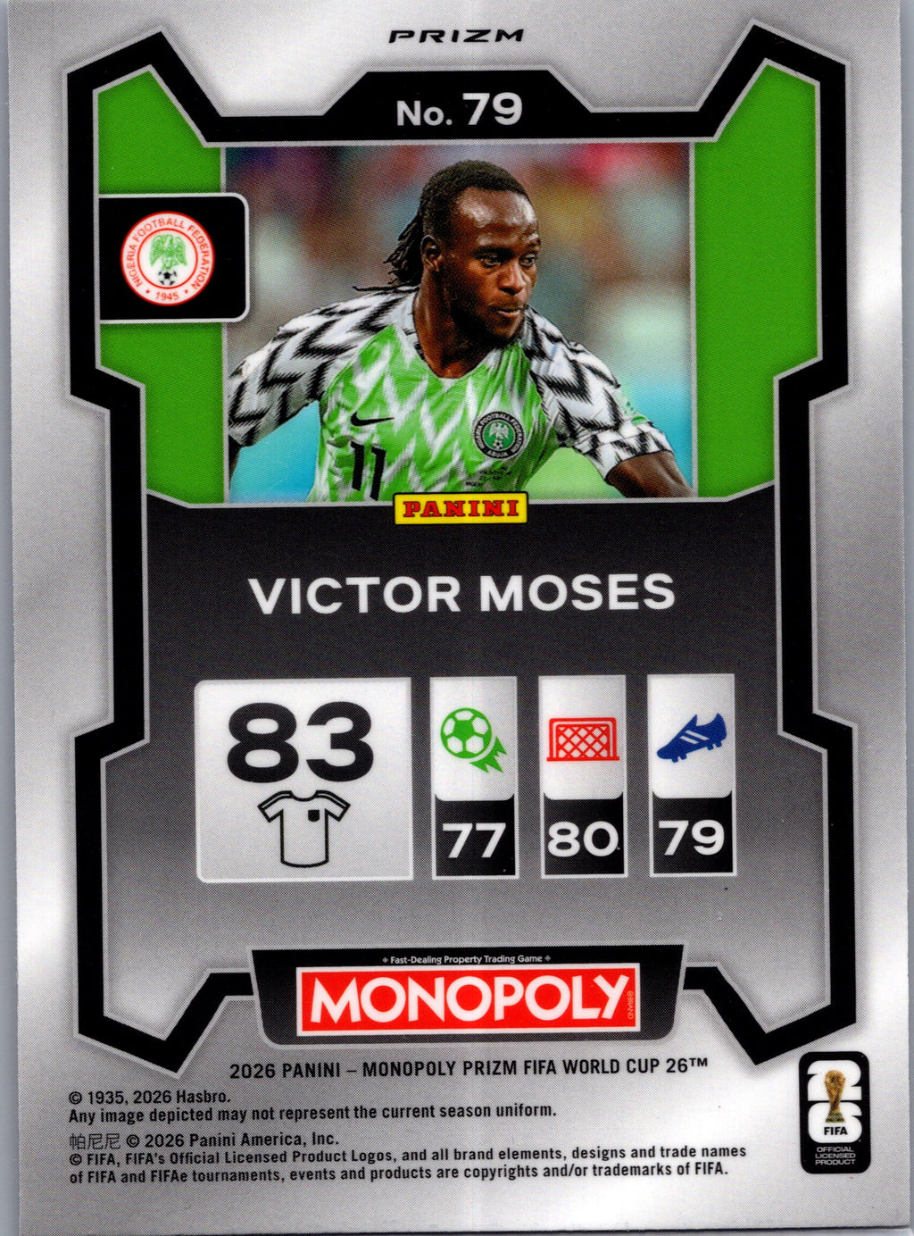 2026 Panini Monopoly Prizm FIFA World Cup 26 Victor Moses #79 Purple