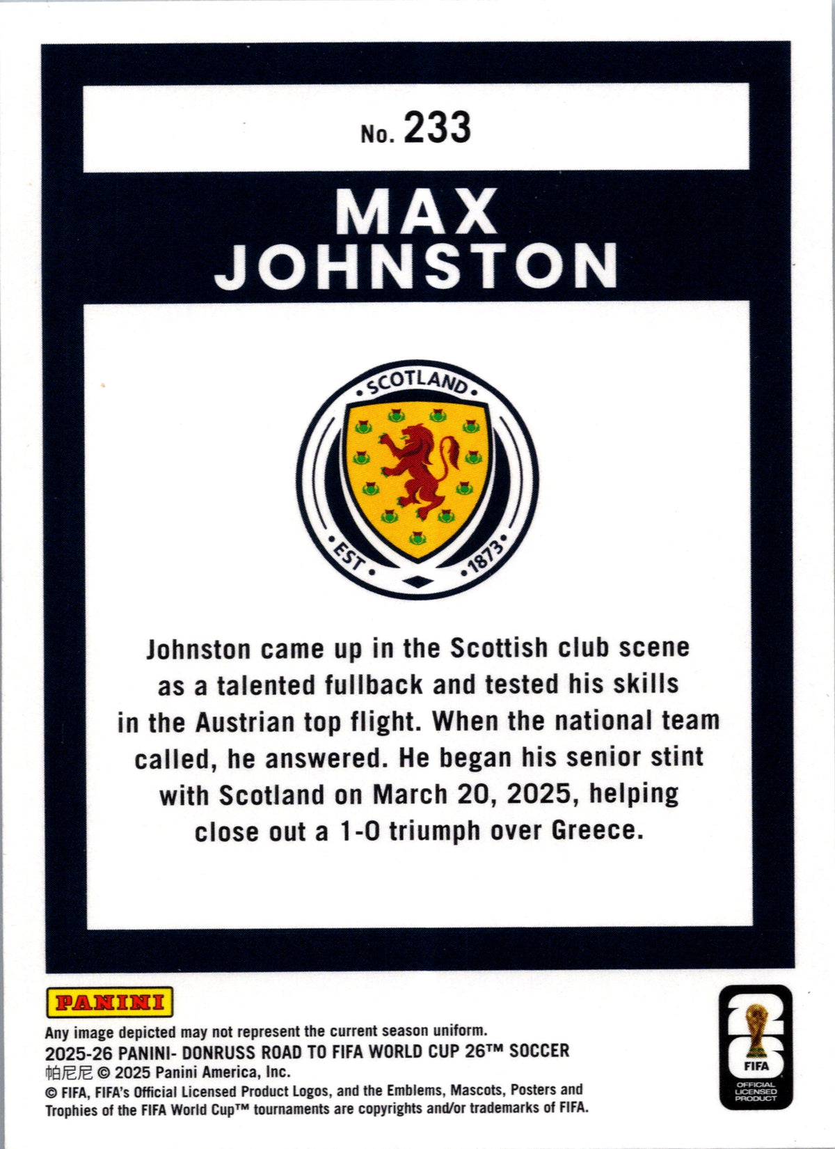 2025 Panini Donruss Road to FIFA World Cup 26 Max Johnston #233