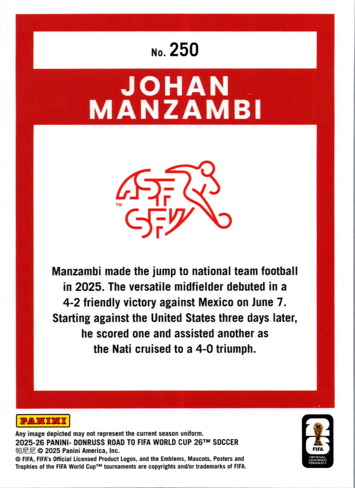 2025 Panini Donruss Road to FIFA World Cup 26 Johan Manzambi #250