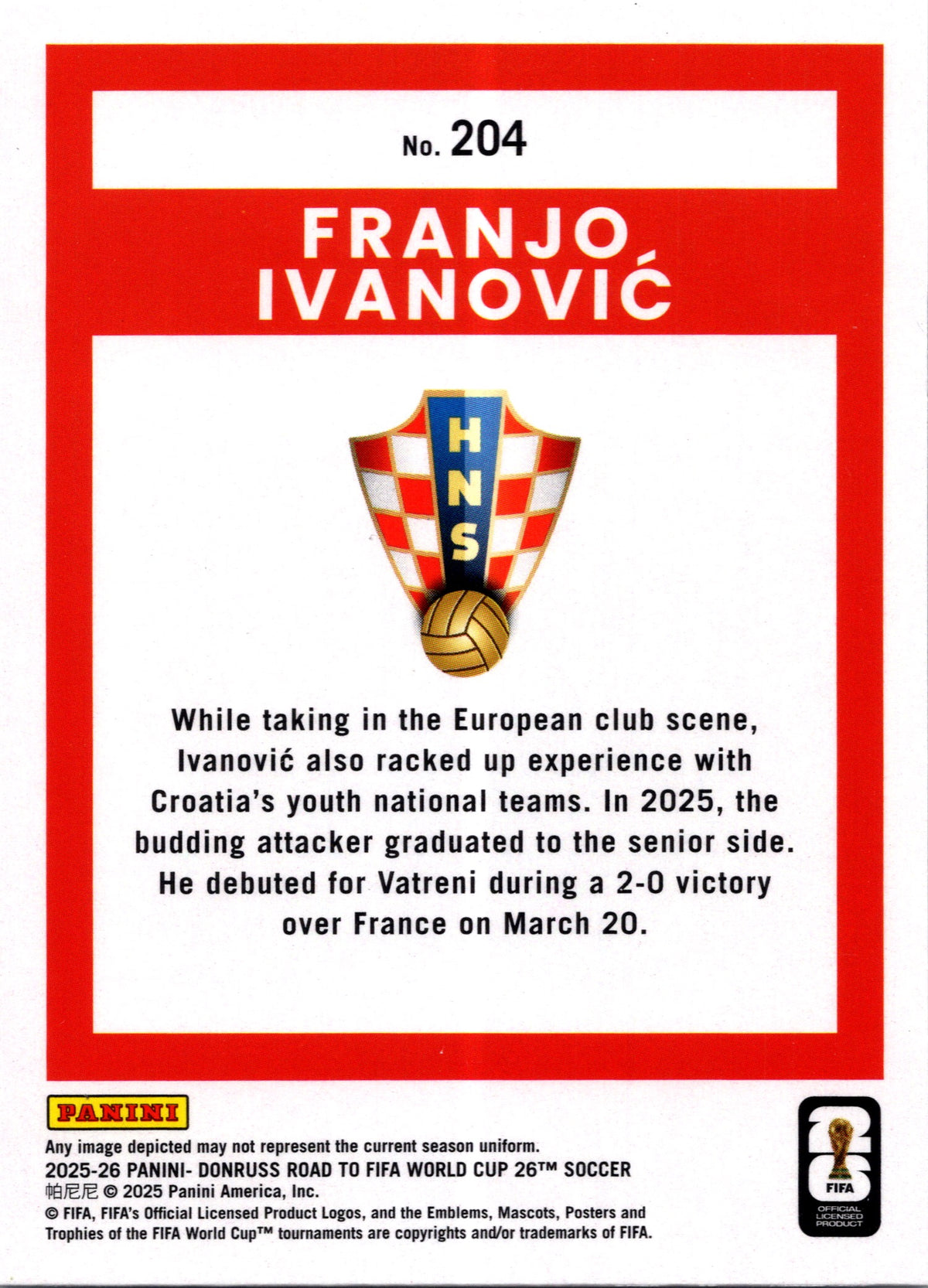 2025 Panini Donruss Road to FIFA World Cup 26 Franjo Ivanović #204
