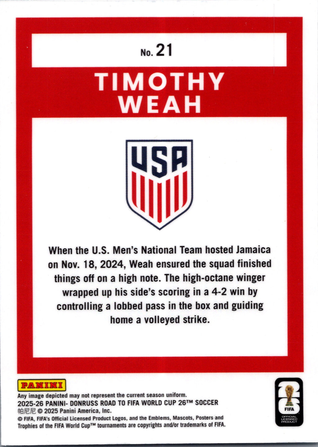 2025 Panini Donruss Optic Road to FIFA World Cup 26 Timothy Weah #21