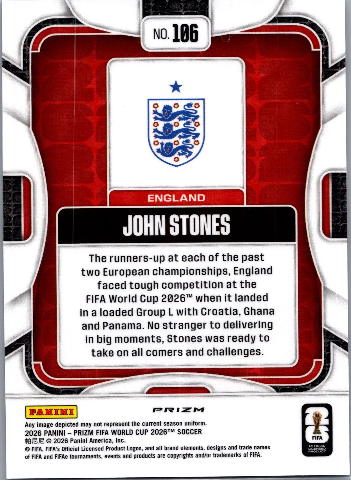 2026 Panini Prizm FIFA World Cup John Stones #106 Silver