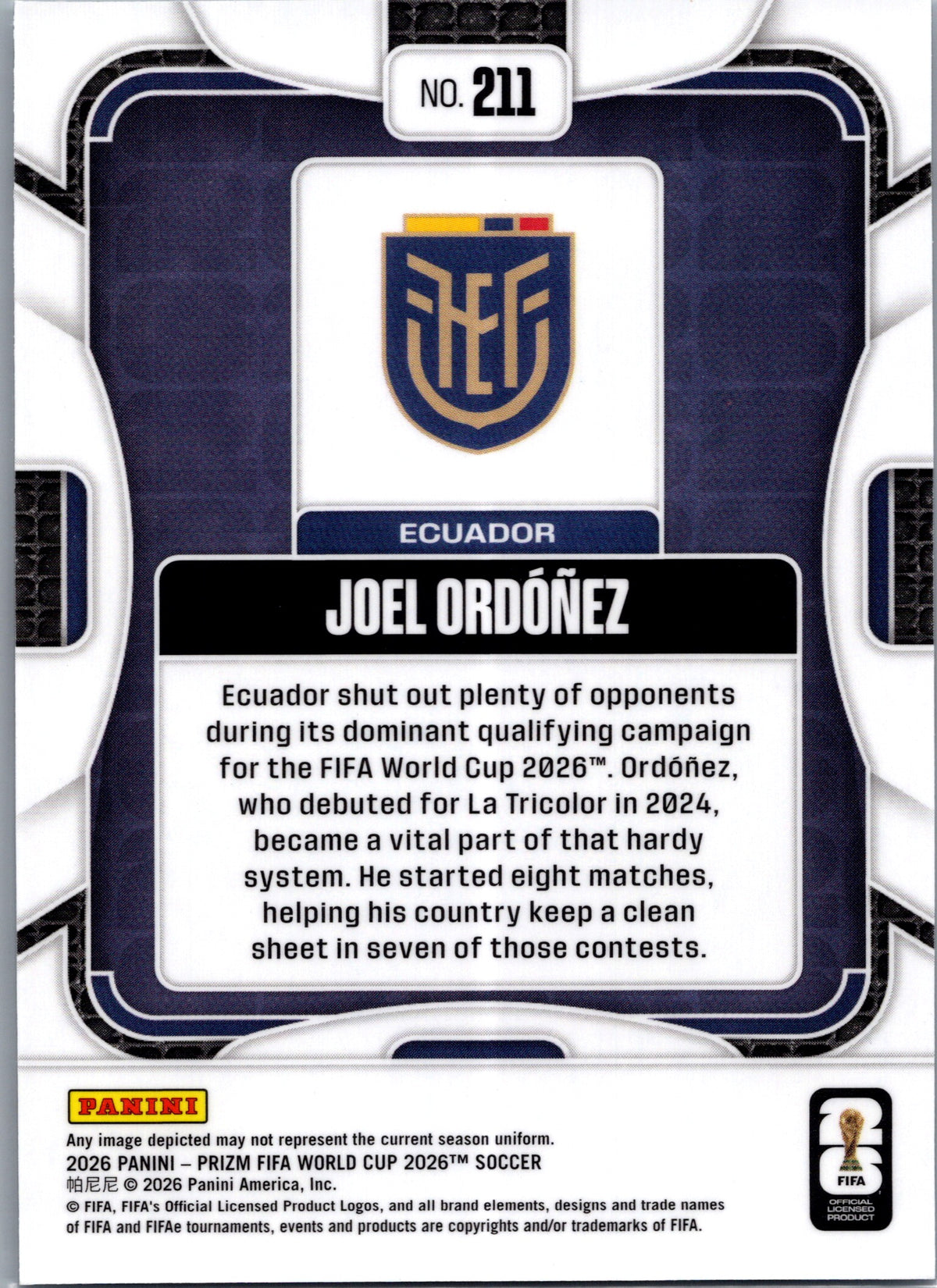 2026 Panini Prizm FIFA World Cup Joel Ordóñez #211 RC