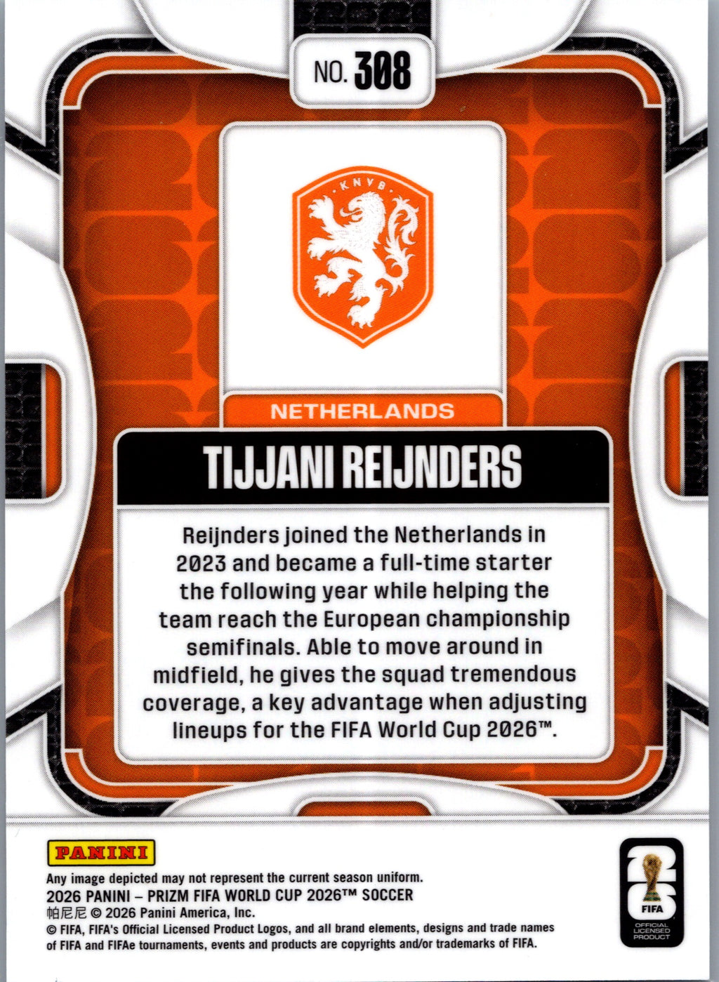 2026 Panini Prizm FIFA World Cup Tijjani Reijnders #308