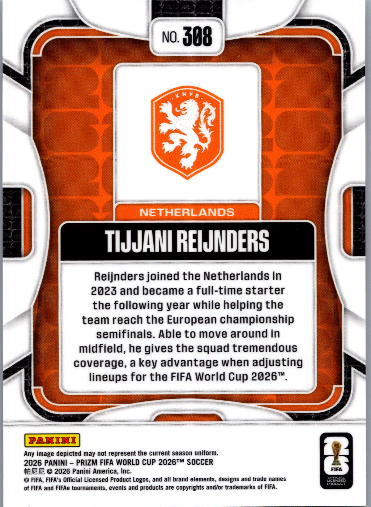 2026 Panini Prizm FIFA World Cup Tijjani Reijnders #308