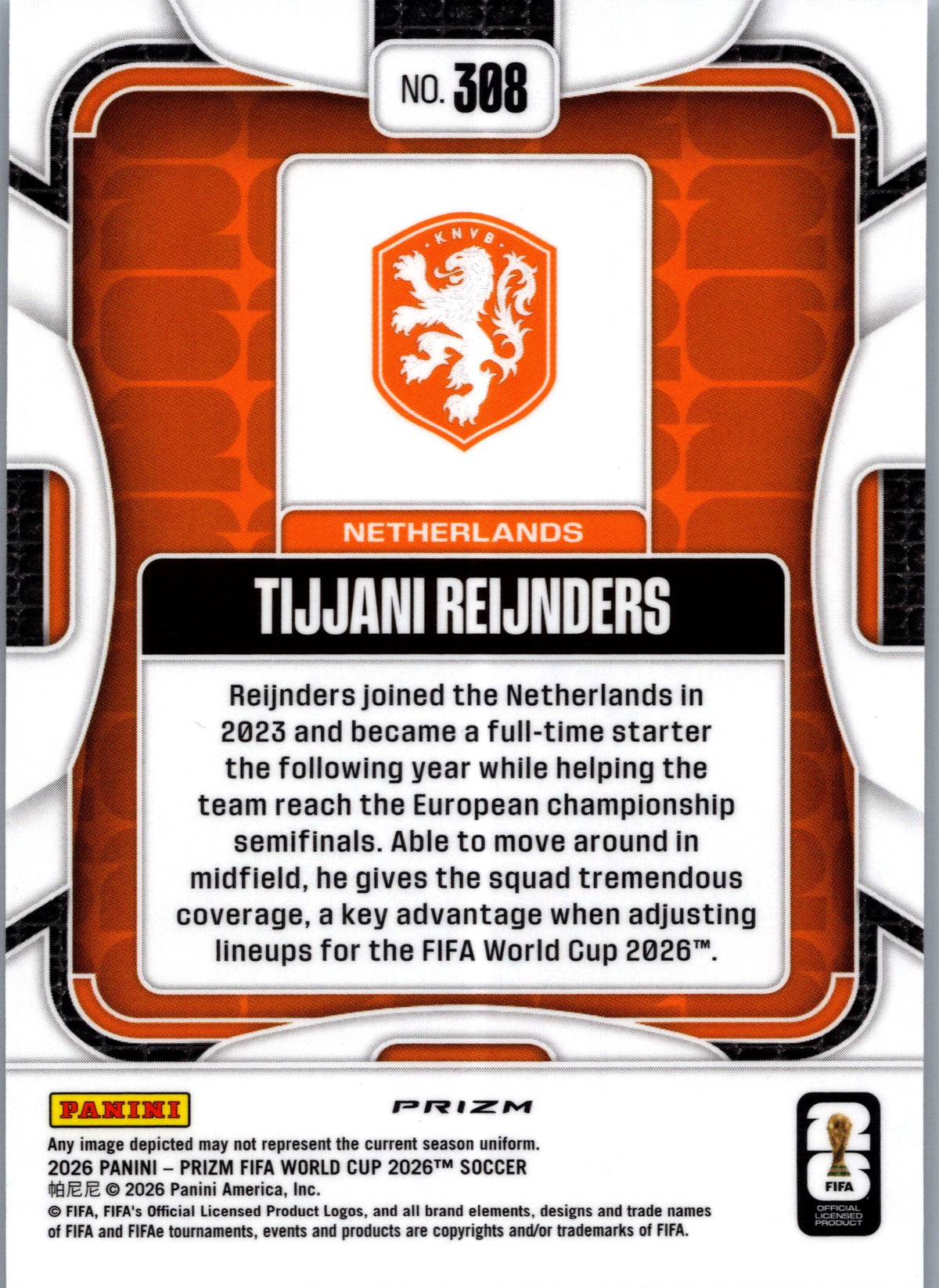 2026 Panini Prizm FIFA World Cup Soccer Tijjani Reijnders #308 Silver