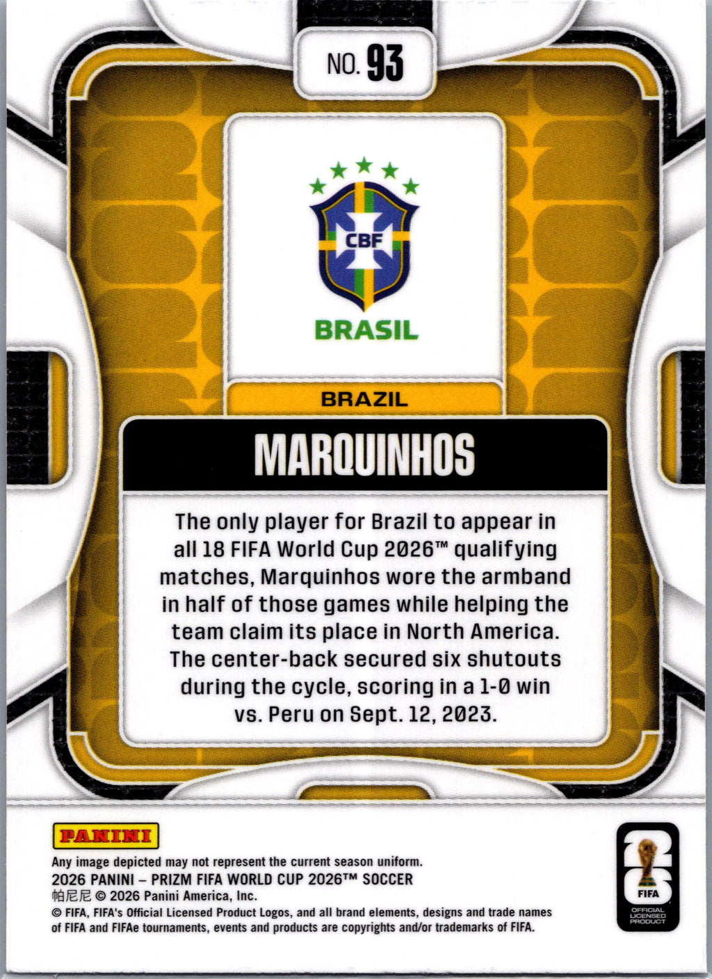 2026 Panini Prizm FIFA World Cup Soccer Marquinhos #93