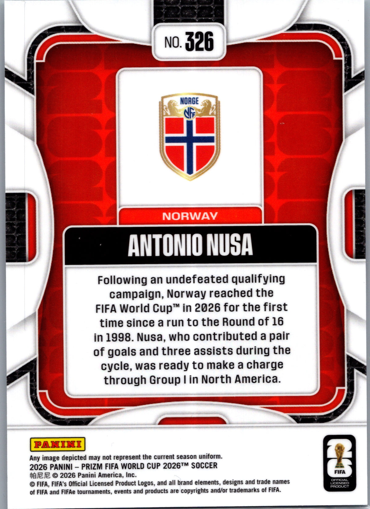 2026 Panini Prizm FIFA World Cup Antonio Nusa #326