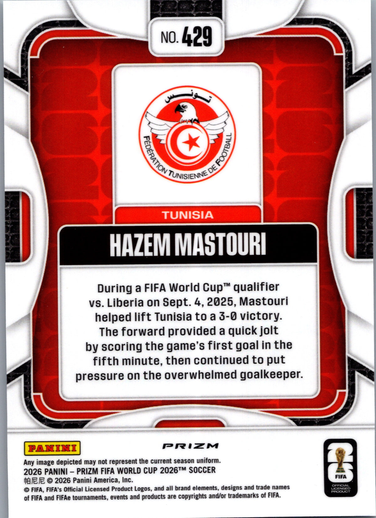 2026 Panini Prizm FIFA World Cup Soccer Hazem Mastouri #429 Silver RC