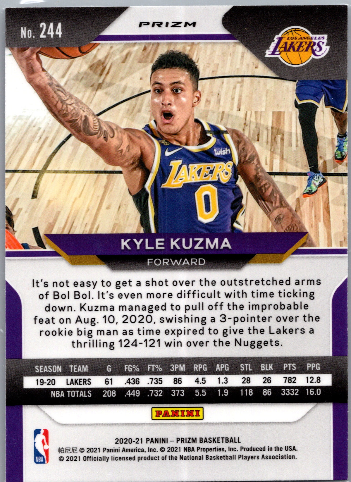 2021 Panini Prizm Kyle Kuzma #244 Silver