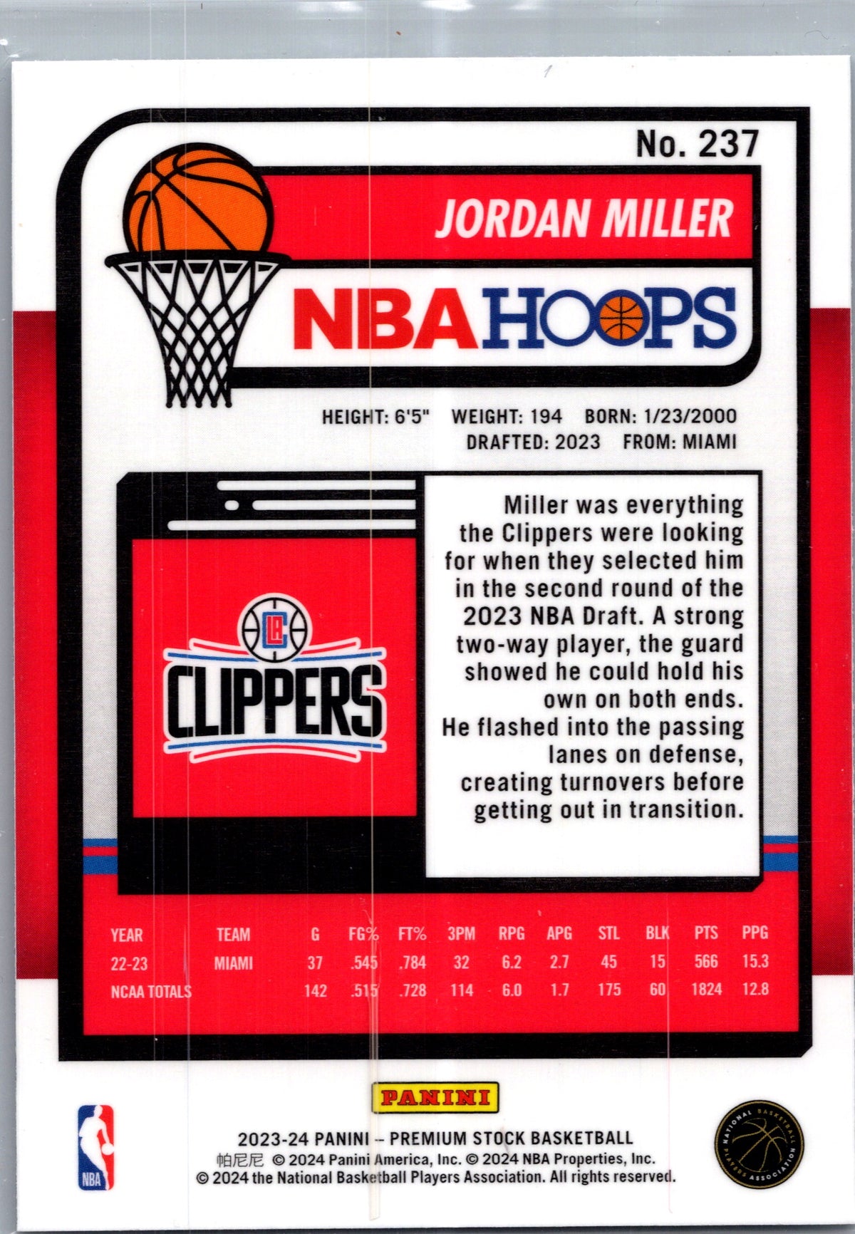 2024 Panini NBA Hoops Premium Stock Jordan Miller #237 RC