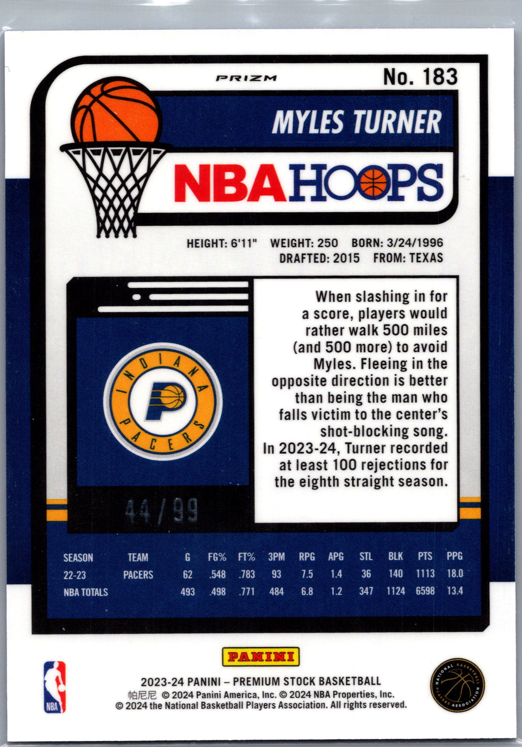 2024 Panini NBA Hoops Premium Stock Myles Turner #183 Blue Wave /99