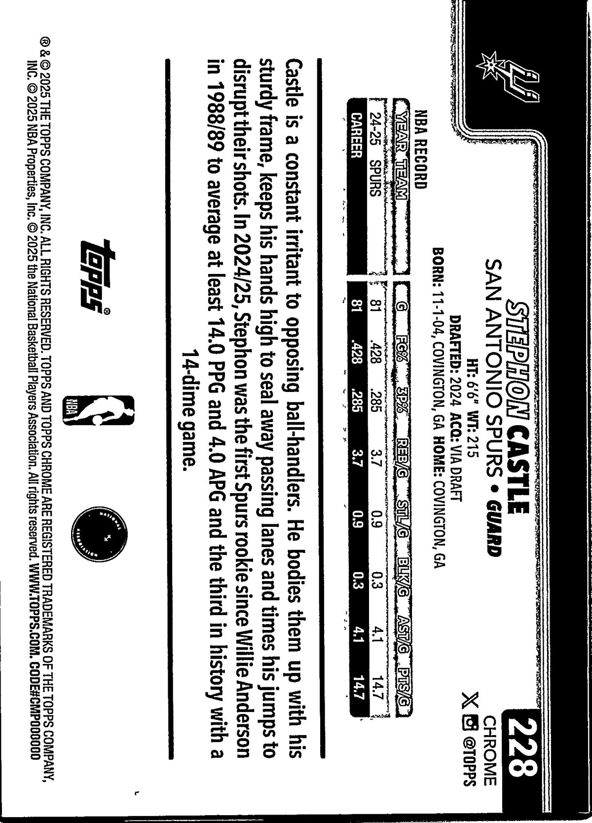 2025 Topps Chrome Stephon Castle #228