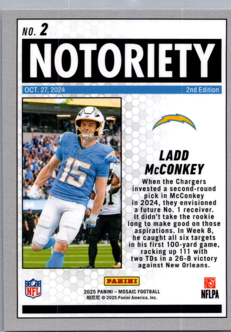 2025 Panini Mosaic Football Notoriety 2nd Edition Ladd McConkey #2 Prizm