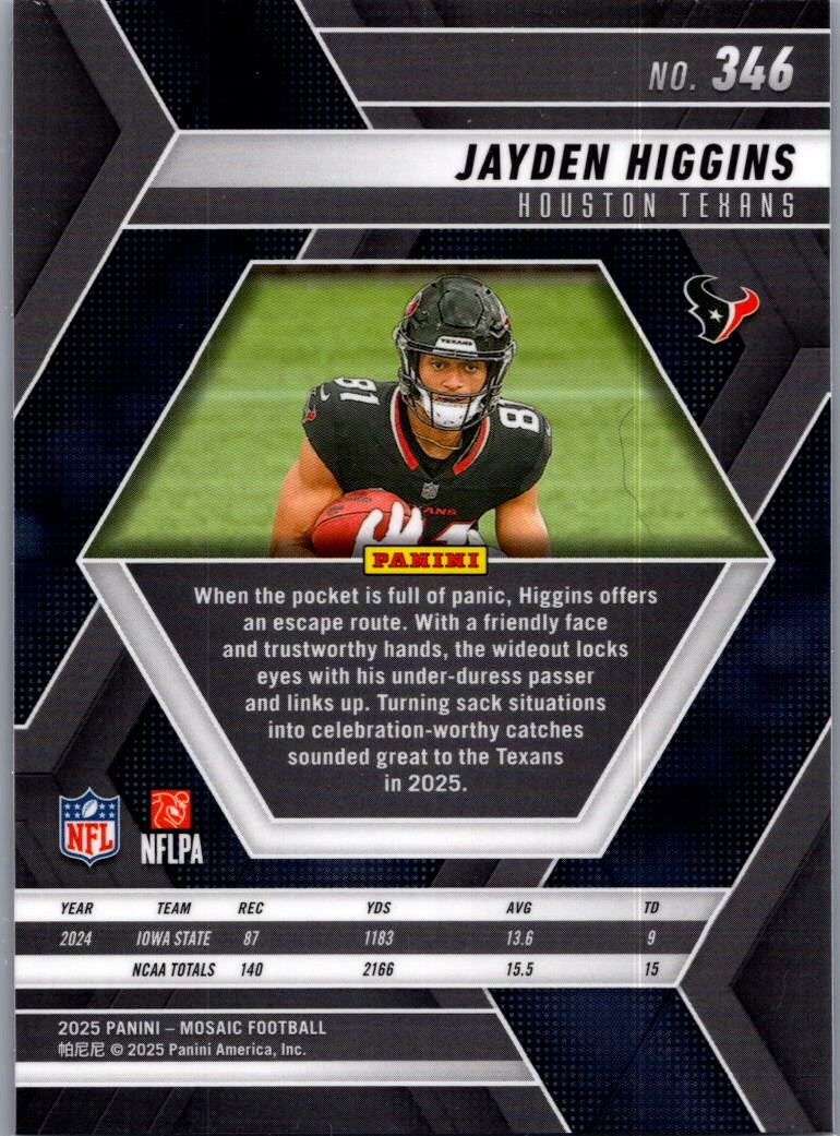 2025 Panini Mosaic Football Jayden Higgins #346 RC
